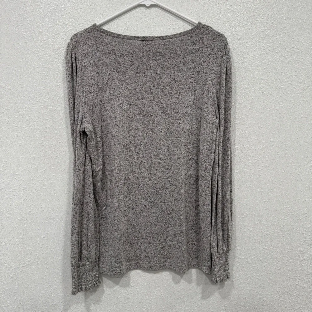 June & Delancey Grey Marl Knit Top Puffed Shoulder Smocked Cuff Womens Medium‎